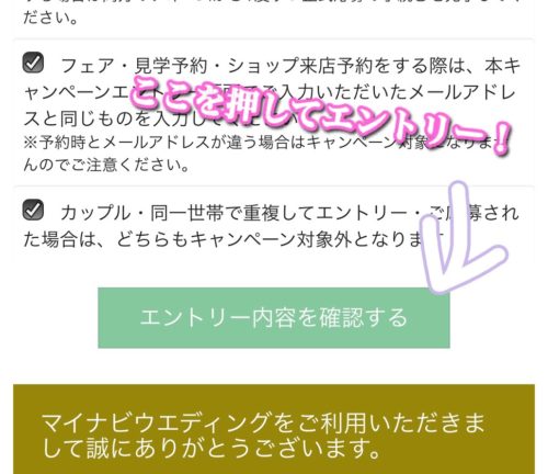 マイナビウエディングの結婚式場見学・成約キャンペーンのエントリー内容を確認するボタンイメージ
